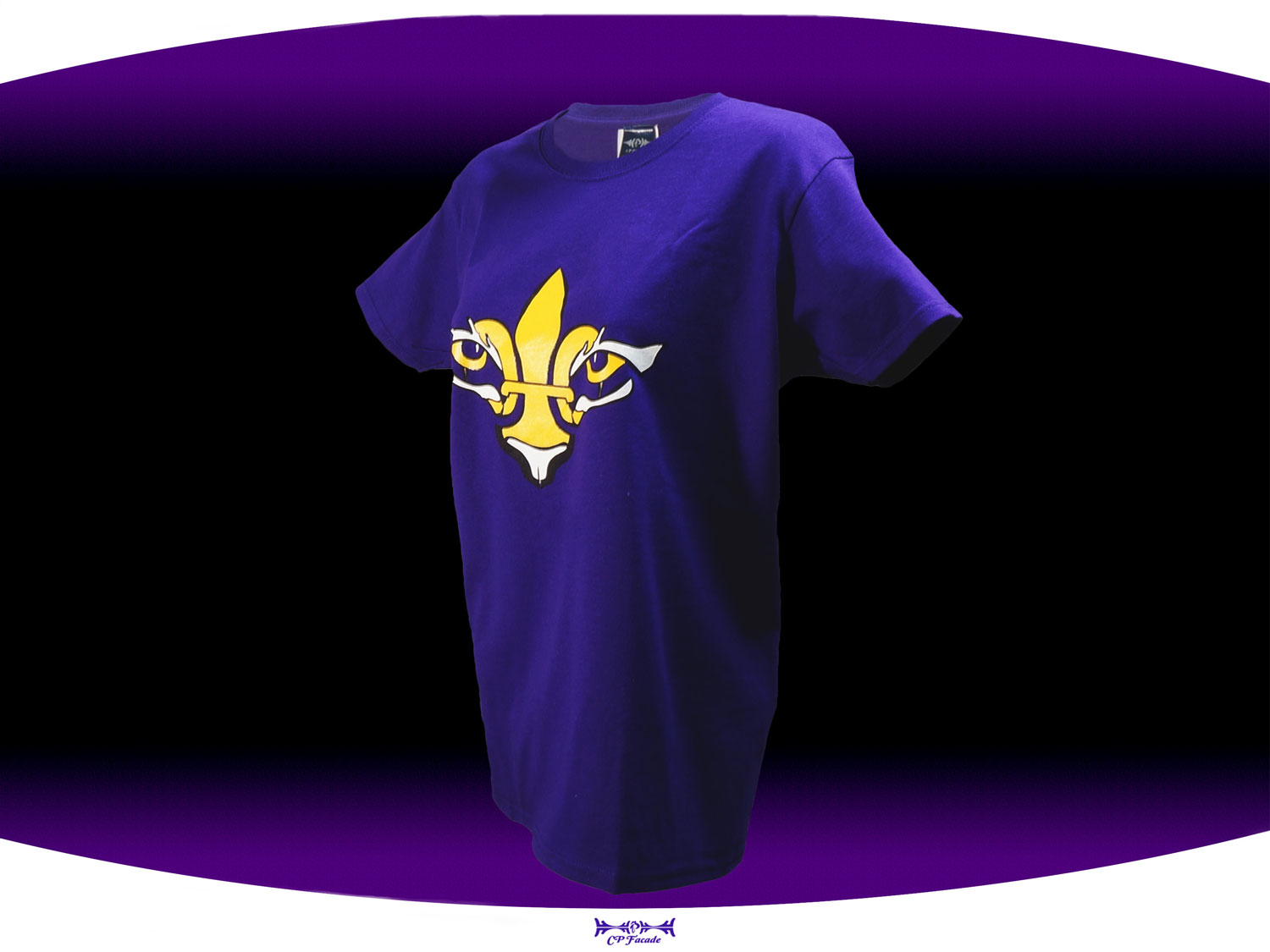 Purple screenprinted  LSU female fitted t-shirt with a gold and white fleur de lis with tiger eyes on the chest